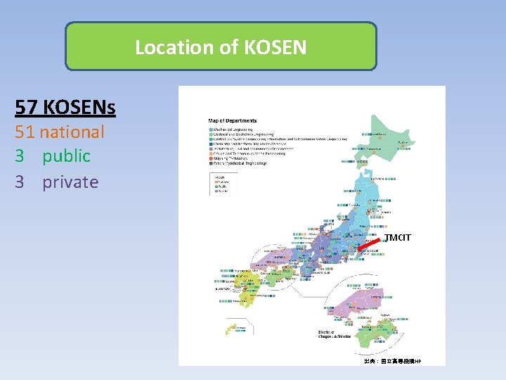 Location of. The KOSEN 57 KOSENs 51 national 3　 public 3 　private TMCIT 出典：国立高専機構HP