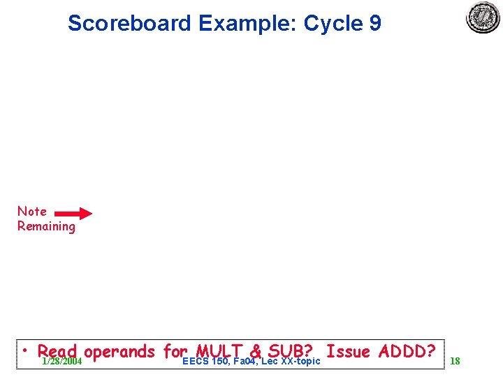 Scoreboard Example: Cycle 9 Note Remaining • Read operands for. EECS MULT & SUB?