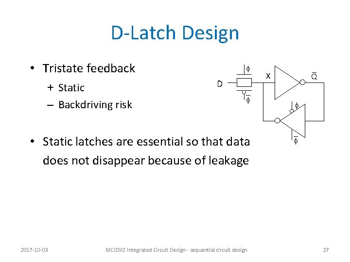 D-Latch Design • Tristate feedback + Static – Backdriving risk f D _ f