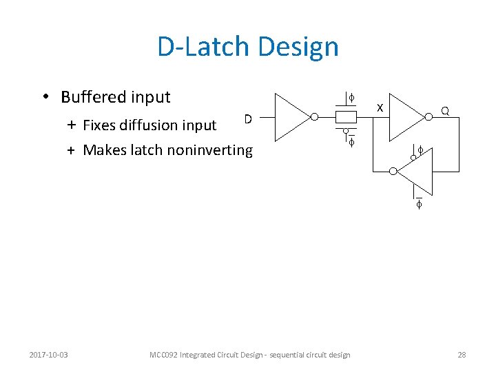 D-Latch Design • Buffered input + Fixes diffusion input f D + Makes latch