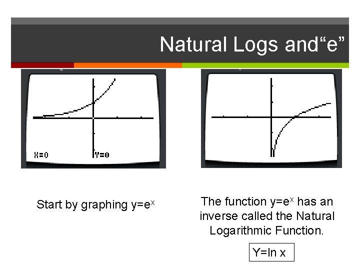 Natural Logs and“e” Start by graphing y=ex The function y=ex has an inverse called