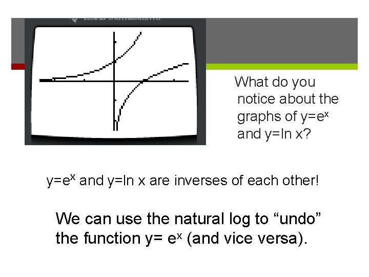 What do you notice about the graphs of y=ex and y=ln x? y=ex and