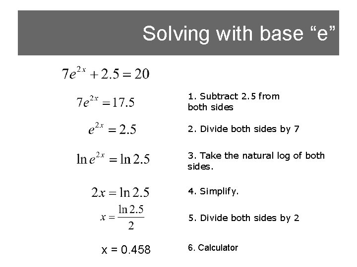 Solving with base “e” 1. Subtract 2. 5 from both sides 2. Divide both