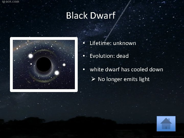 space. com Black Dwarf • Lifetime: unknown • Evolution: dead • white dwarf has