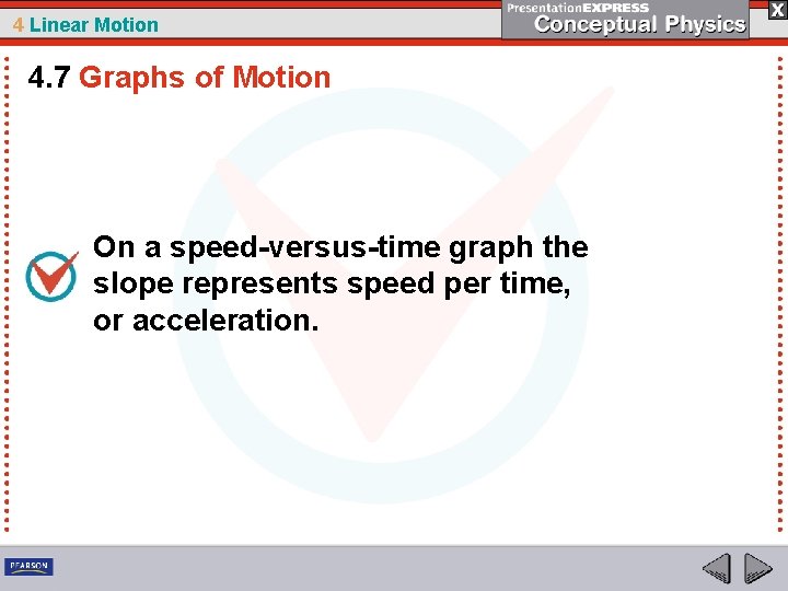 4 Linear Motion 4. 7 Graphs of Motion On a speed-versus-time graph the slope