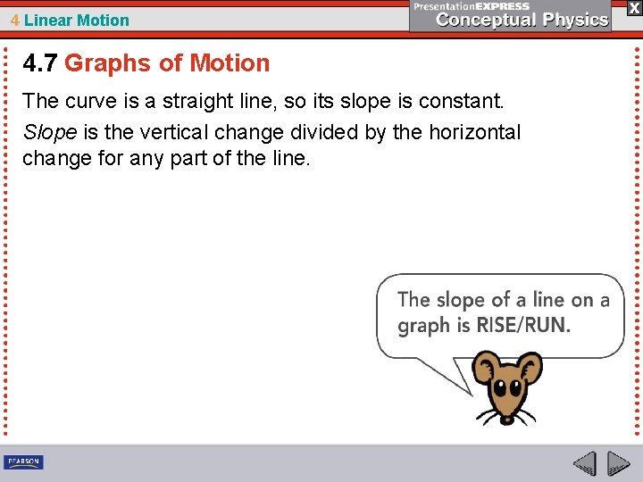 4 Linear Motion 4. 7 Graphs of Motion The curve is a straight line,