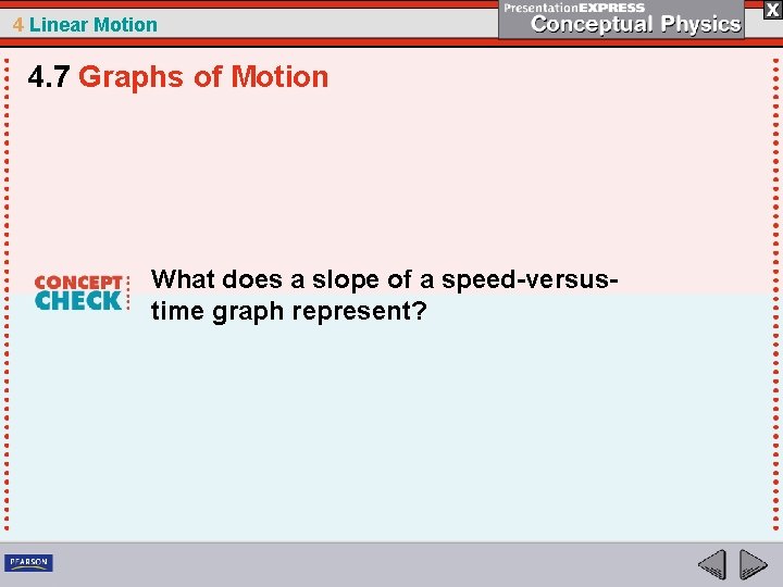 4 Linear Motion 4. 7 Graphs of Motion What does a slope of a