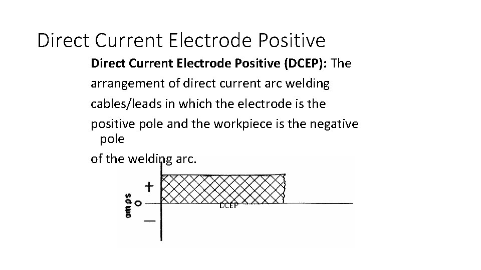 Direct Current Electrode Positive (DCEP): The arrangement of direct current arc welding cables/leads in