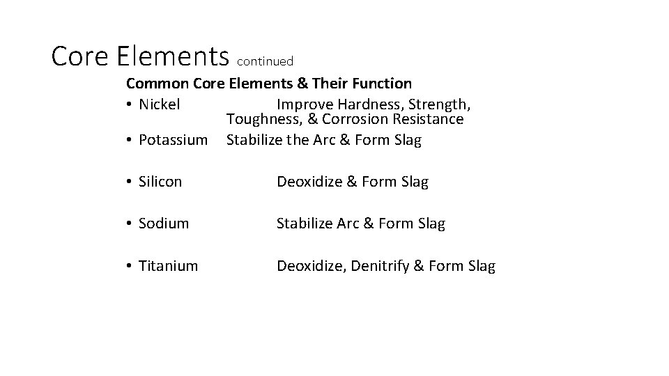 Core Elements continued Common Core Elements & Their Function • Nickel Improve Hardness, Strength,