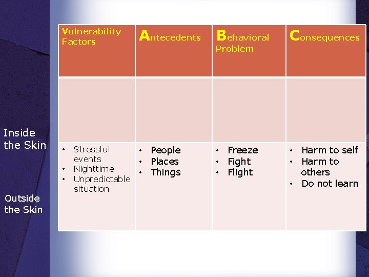 Vulnerability Factors Inside the Skin • • • Outside the Skin Stressful events Nighttime