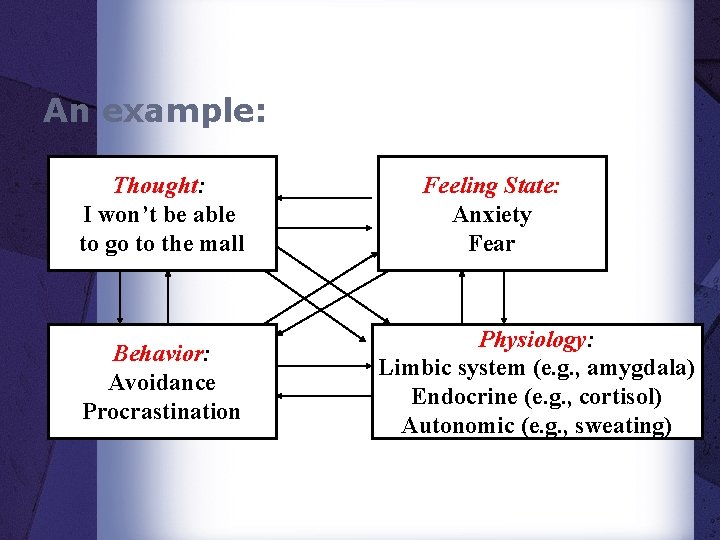 An example: Thought: I won’t be able to go to the mall Behavior: Avoidance