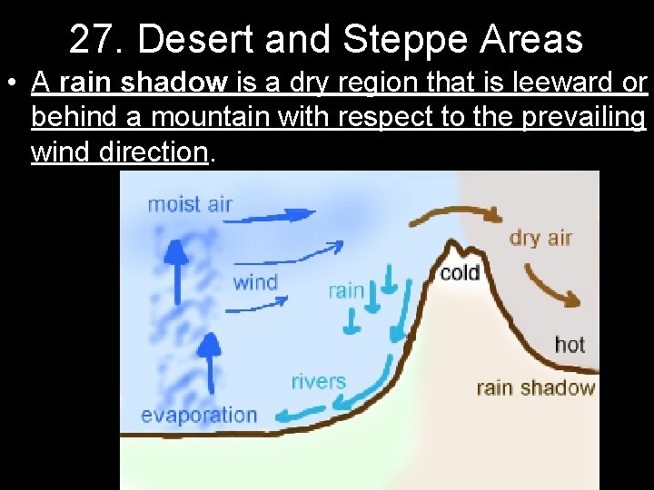 27. Desert and Steppe Areas • A rain shadow is a dry region that
