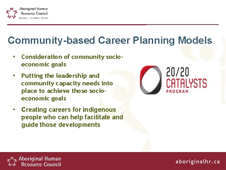 Community-based Career Planning Models • Consideration of community socioeconomic goals • Putting the leadership