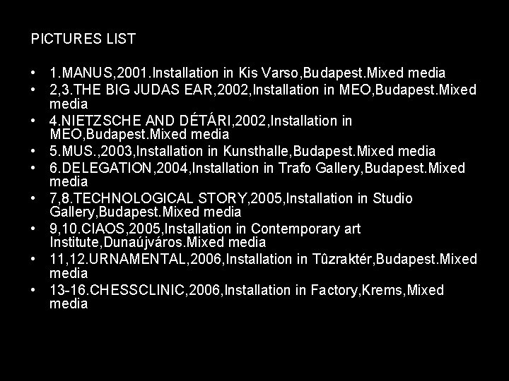 PICTURES LIST • 1. MANUS, 2001. Installation in Kis Varso, Budapest. Mixed media •