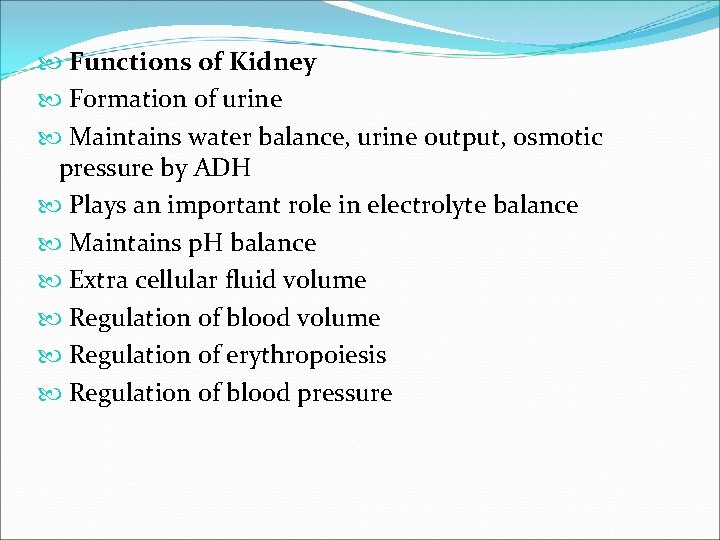  Functions of Kidney Formation of urine Maintains water balance, urine output, osmotic pressure