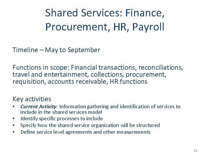 Shared Services: Finance, Procurement, HR, Payroll Timeline – May to September Functions in scope: