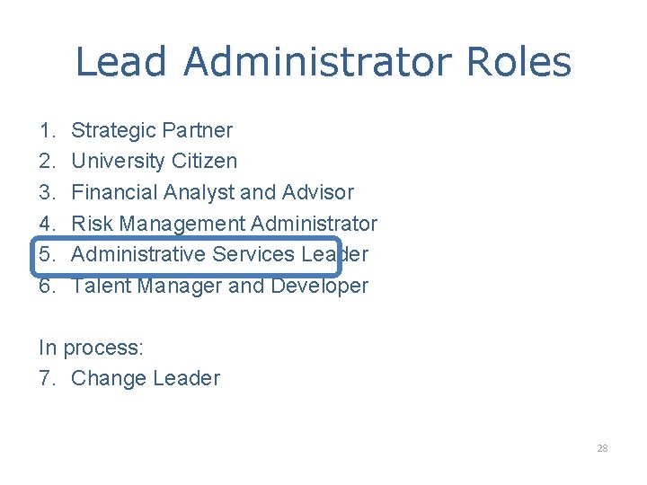 Lead Administrator Roles 1. 2. 3. 4. 5. 6. Strategic Partner University Citizen Financial