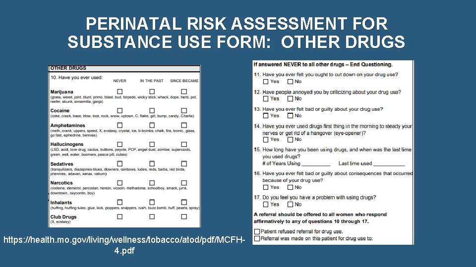 PERINATAL RISK ASSESSMENT FOR SUBSTANCE USE FORM: OTHER DRUGS https: //health. mo. gov/living/wellness/tobacco/atod/pdf/MCFH 4.