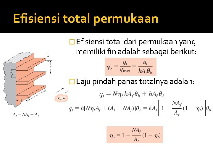 Efisiensi total permukaan � Efisiensi total dari permukaan yang memiliki fin adalah sebagai berikut: