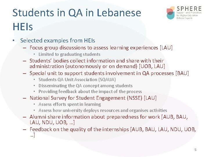 Students in QA in Lebanese HEIs • Selected examples from HEIs – Focus group