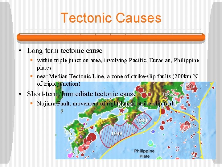 Tectonic Causes • Long-term tectonic cause § within triple junction area, involving Pacific, Eurasian,