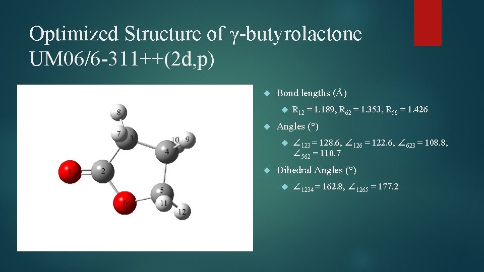 Optimized Structure of γ-butyrolactone UM 06/6 -311++(2 d, p) Bond lengths (Å) Angles (°)