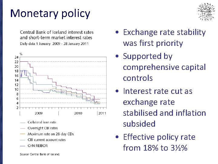 Monetary policy • Exchange rate stability was first priority • Supported by comprehensive capital