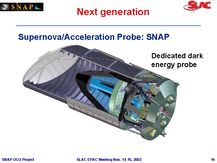Next generation Supernova/Acceleration Probe: SNAP Dedicated dark energy probe SNAP OCU Project SLAC EPAC