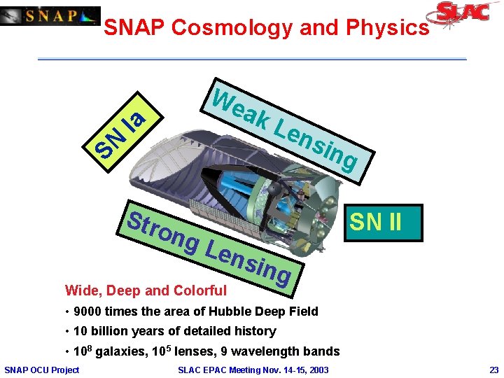 SNAP Cosmology and Physics We ens SN Ia ak L Stro ng ing SN