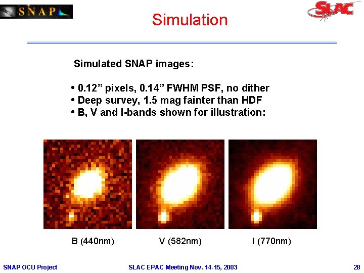 Simulation Simulated SNAP images: • 0. 12” pixels, 0. 14” FWHM PSF, no dither