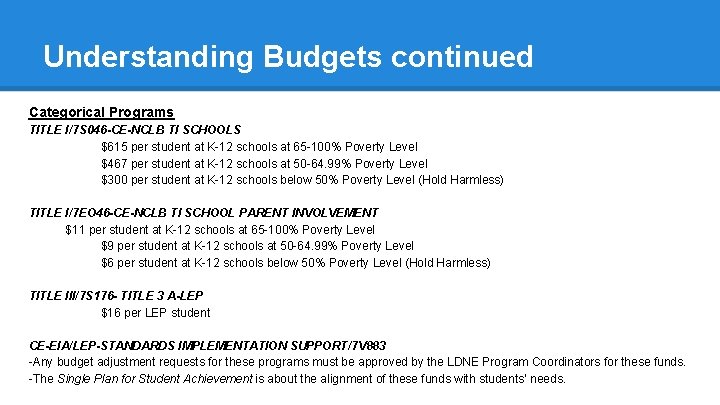 Understanding Budgets continued Categorical Programs TITLE I/7 S 046 -CE-NCLB TI SCHOOLS $615 per