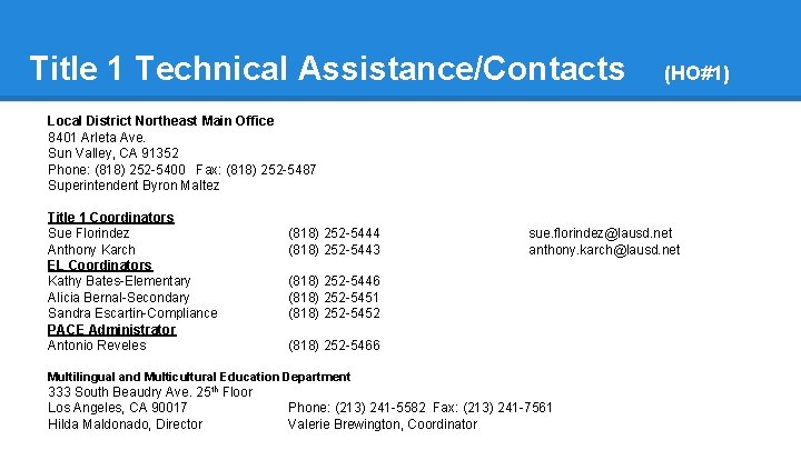 Title 1 Technical Assistance/Contacts (HO#1) Local District Northeast Main Office 8401 Arleta Ave. Sun