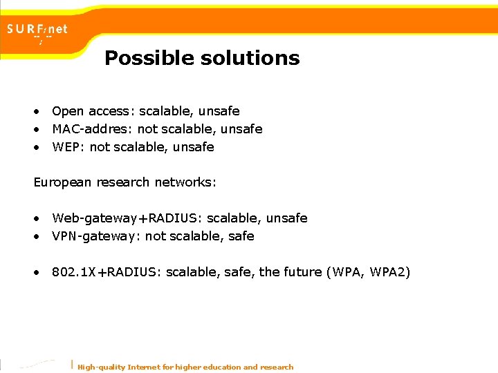 Possible solutions • Open access: scalable, unsafe • MAC-addres: not scalable, unsafe • WEP: