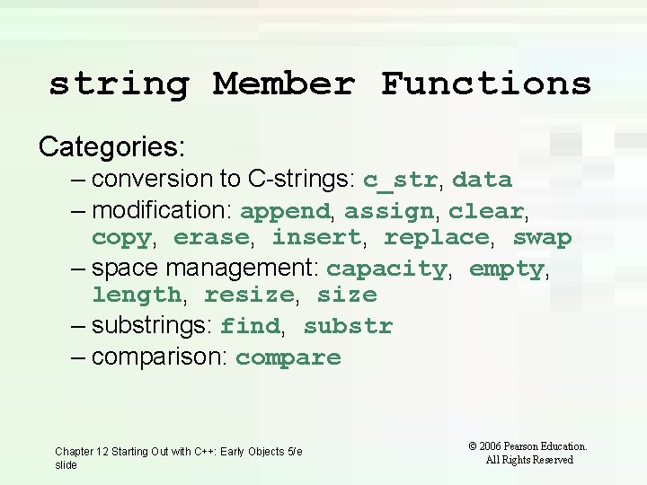 string Member Functions Categories: – conversion to C-strings: c_str, data – modification: append, assign, string Member Functions Categories: – conversion to C-strings: c_str, data – modification: append, assign,