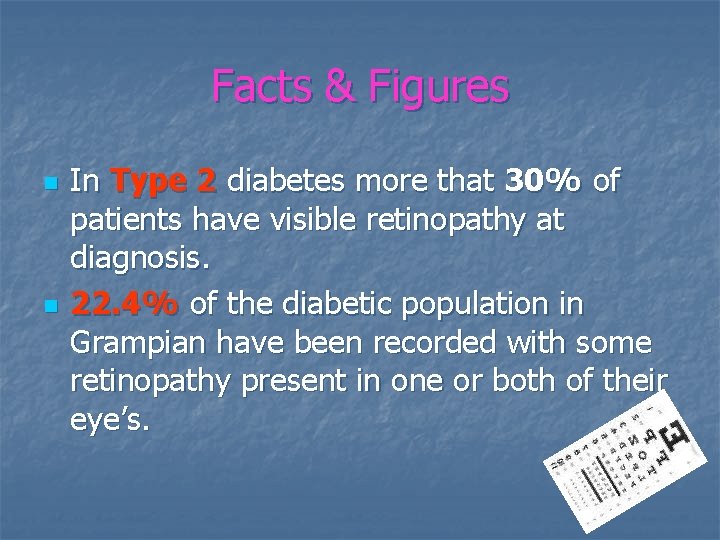 Facts & Figures n n In Type 2 diabetes more that 30% of patients