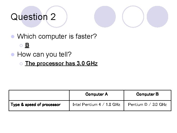 Question 2 l Which computer is faster? ¡ l B How can you tell?