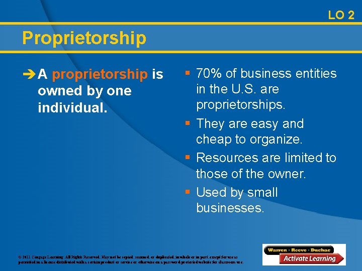 LO 2 Proprietorship è A proprietorship is owned by one individual. § 70% of