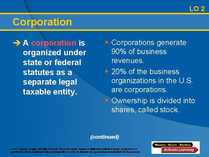 LO 2 Corporation è A corporation is organized under state or federal statutes as