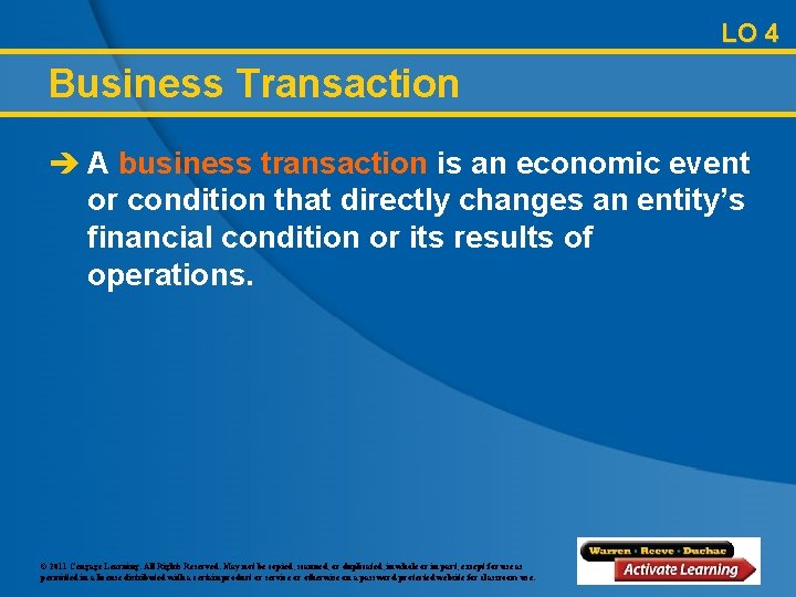 LO 4 Business Transaction è A business transaction is an economic event or condition