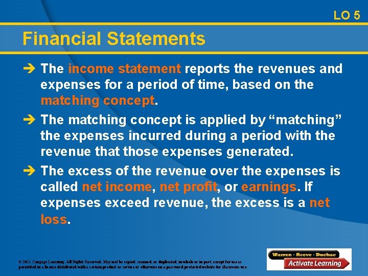LO 5 Financial Statements è The income statement reports the revenues and expenses for
