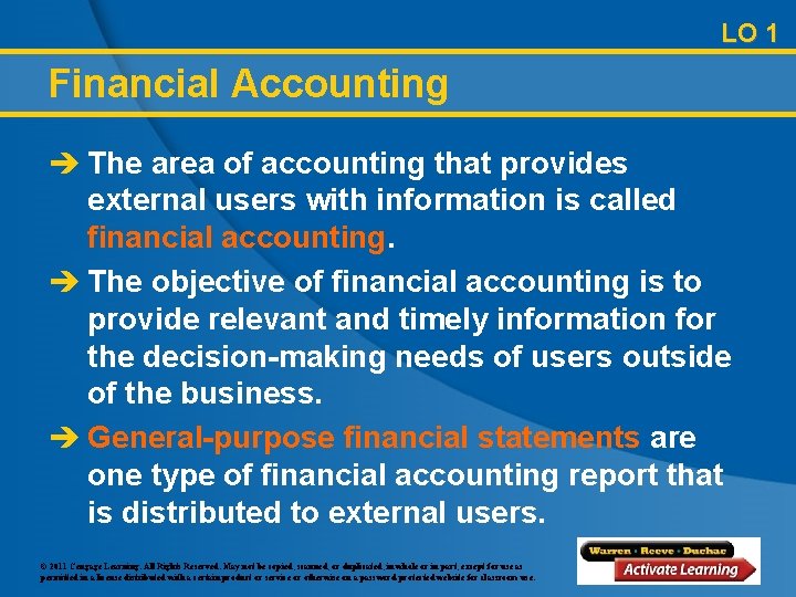 LO 1 Financial Accounting è The area of accounting that provides external users with
