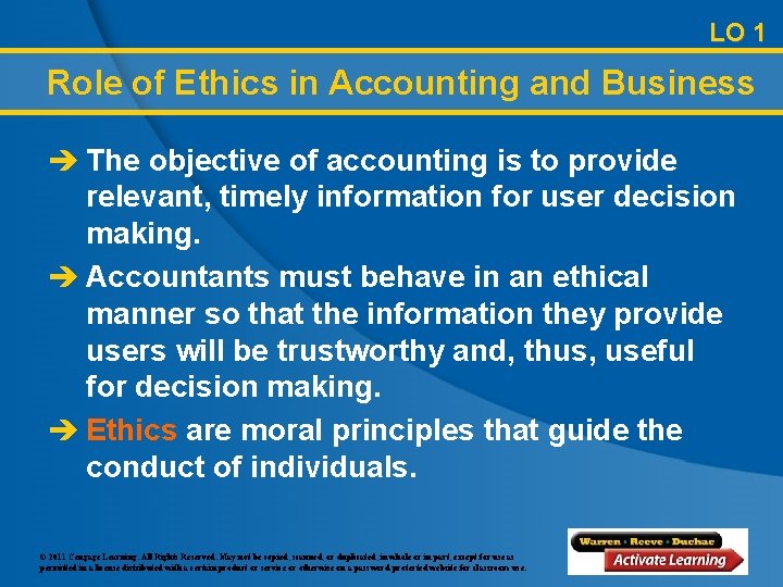LO 1 Role of Ethics in Accounting and Business è The objective of accounting