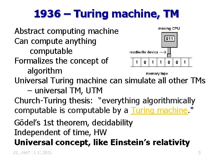 1936 – Turing machine, TM Abstract computing machine Can compute anything computable Formalizes the