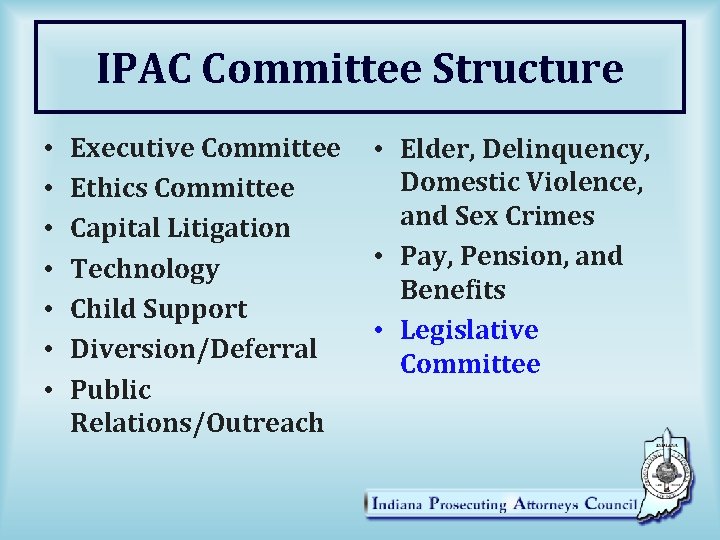 IPAC Committee Structure • • Executive Committee Ethics Committee Capital Litigation Technology Child Support