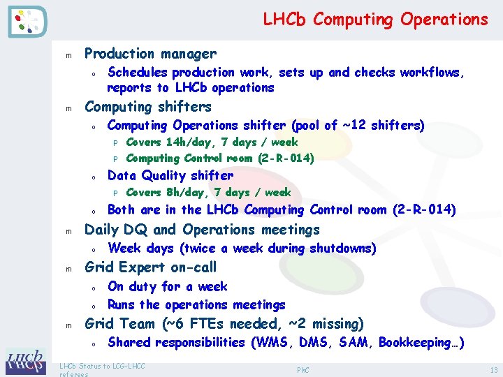 LHCb Computing Operations m Production manager o m Schedules production work, sets up and