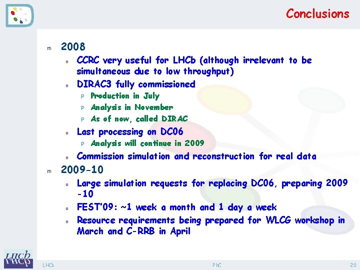 Conclusions m 2008 o o CCRC very useful for LHCb (although irrelevant to be