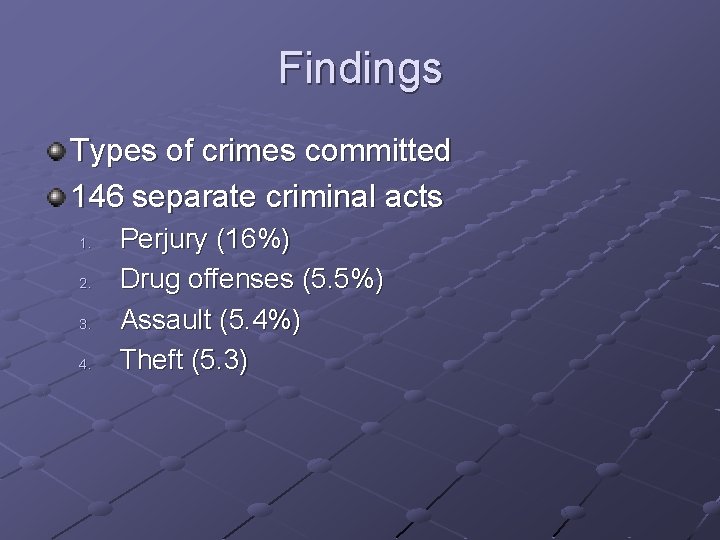 Findings Types of crimes committed 146 separate criminal acts 1. 2. 3. 4. Perjury