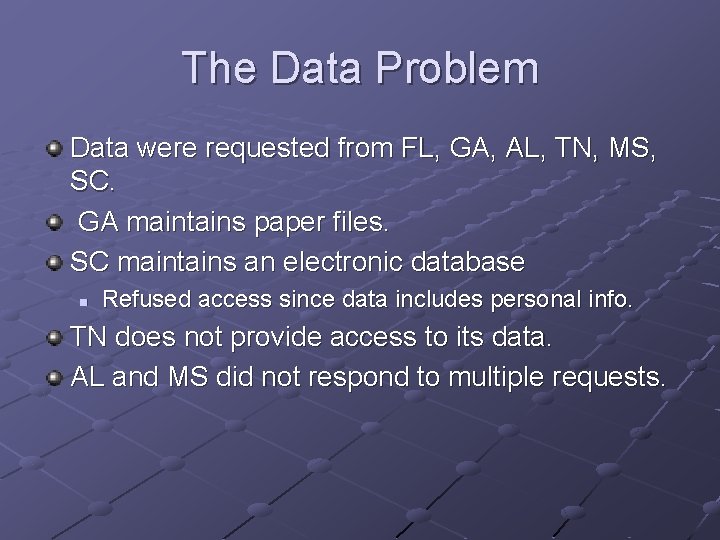 The Data Problem Data were requested from FL, GA, AL, TN, MS, SC. GA