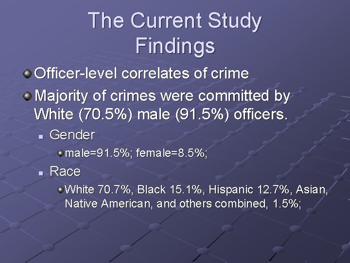 The Current Study Findings Officer-level correlates of crime Majority of crimes were committed by