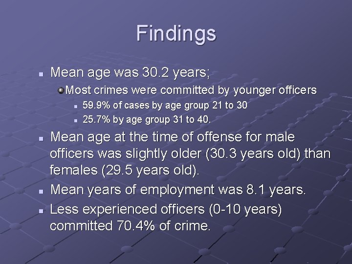 Findings n Mean age was 30. 2 years; Most crimes were committed by younger